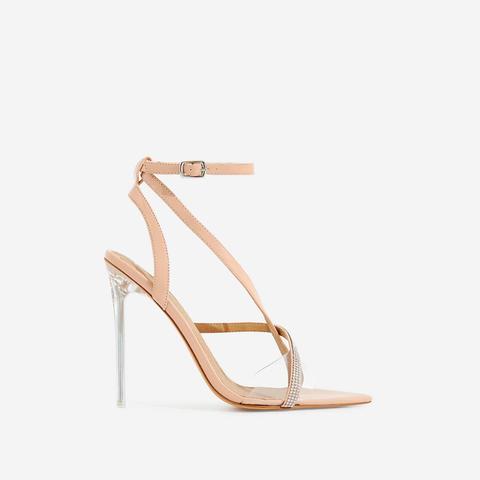 Khloe Diamante Pointed Perspex Heel In Nude Patent, Nude