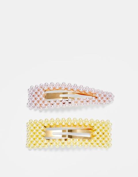 Set Di 2 Mollette Con Perle Colorate Giallo