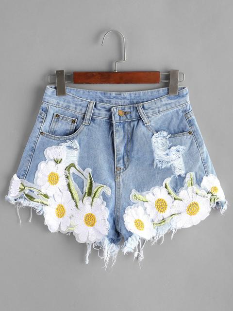 Light Blue Ripped Appliques Raw Hem Denim Shorts