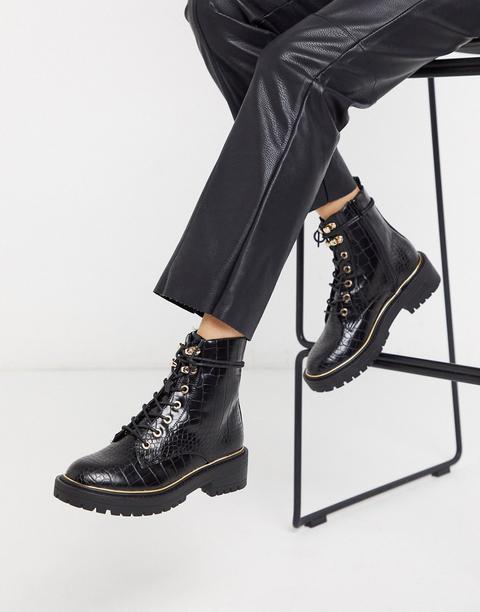 New Look Chunky Lace Up Flat Boots In Black Croc