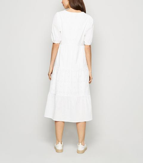 White Broderie Puff Sleeve Midi Dress New Look