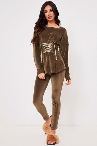 Lulu Khaki Velour Corset Waist Loungewear Set