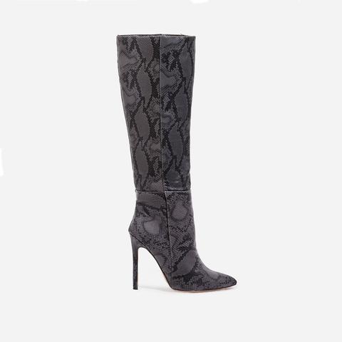 Rose Knee High Long Boot In Grey Snake Print Faux Leather, Rose Gold