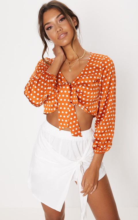 Burnt Orange Satin Polka Dot Tie Front Blouse, Orange