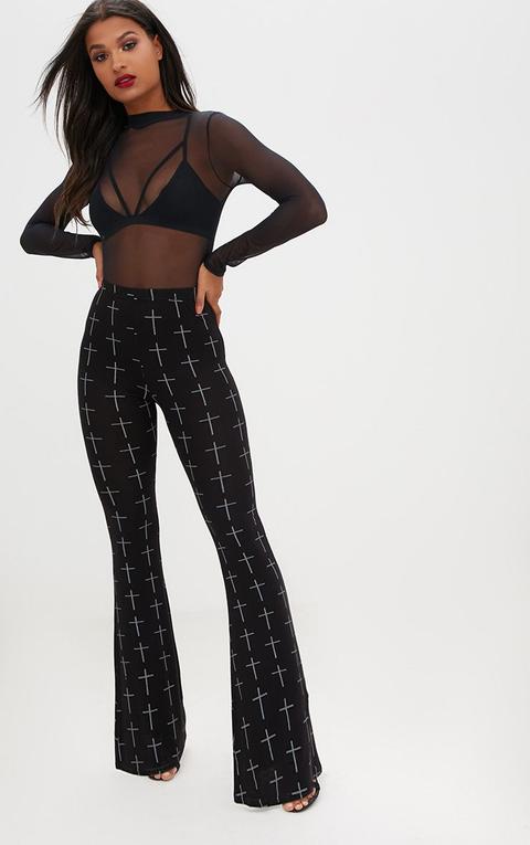 Black Jersey Graveyard Cross Print Flared Trousers