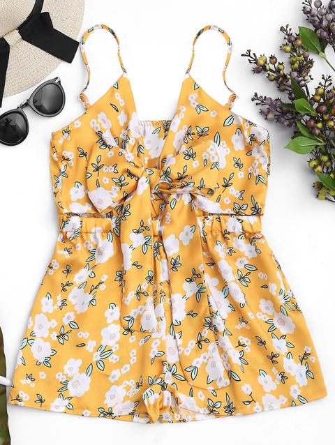 Tiny Floral Bowknot Cutout Cami Romper