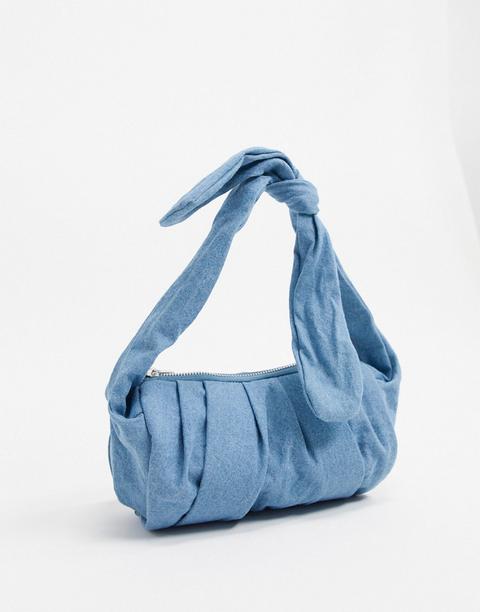 Glamorous Unstructured Satin Knot Handle Baguette Grab Bag In Denim-blue