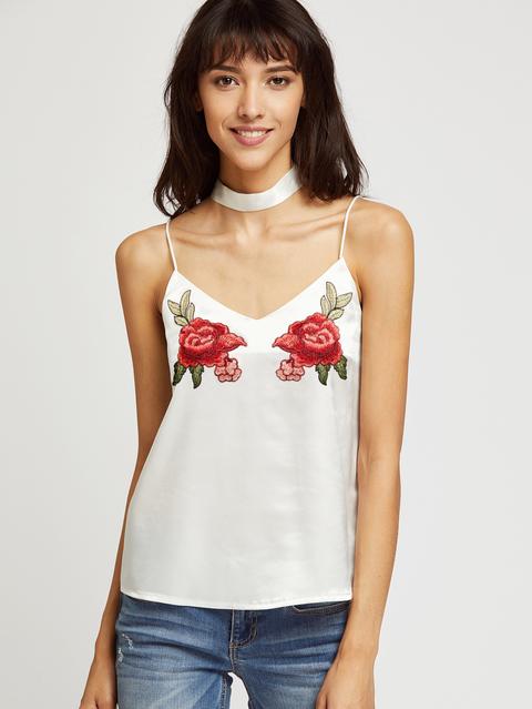 Top Con Il Colore Rosa Di Patch Ricamato Con Pizzo Bianco