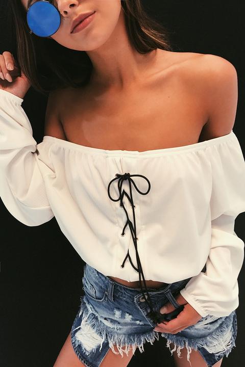 Clarissa White Ribbed Lace Up Bardot Crop Top