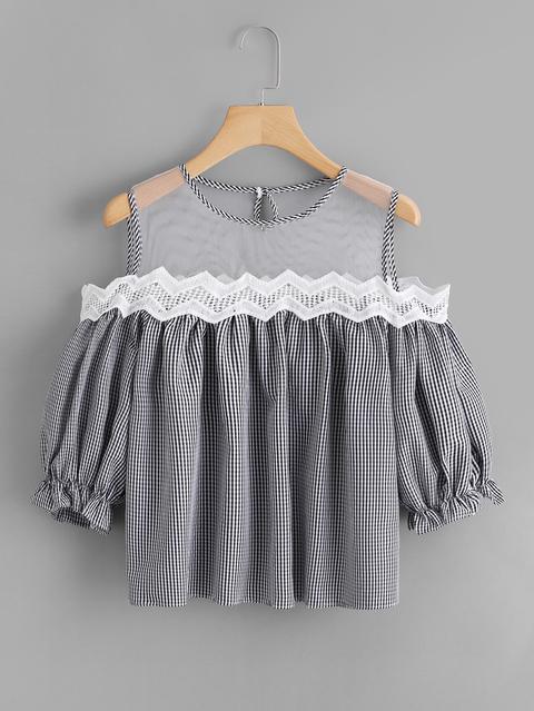 Sheer Mesh Panel Lace Trim Checked Top