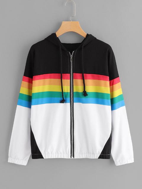 Drawstring Hoodie Zip Front Colorblock Jacket