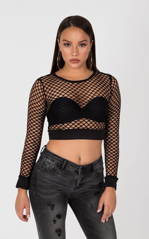 Grid Mesh Long Sleeve Crop Top