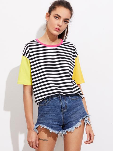 Contrast Neck And Sleeve Striped Tee