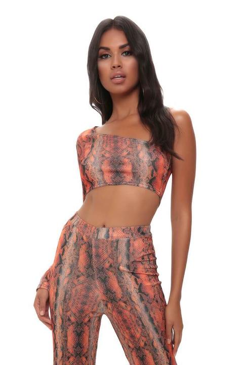 Orange Snake Print One Shoulder Crop Top