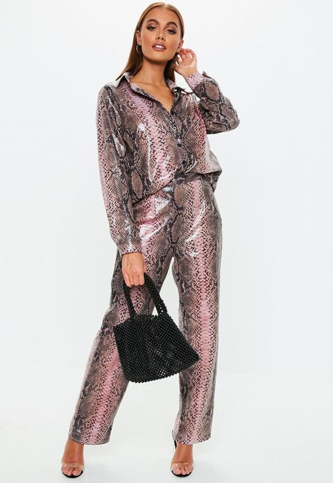 Pink Snake Print Vinyl Wide Leg Pants