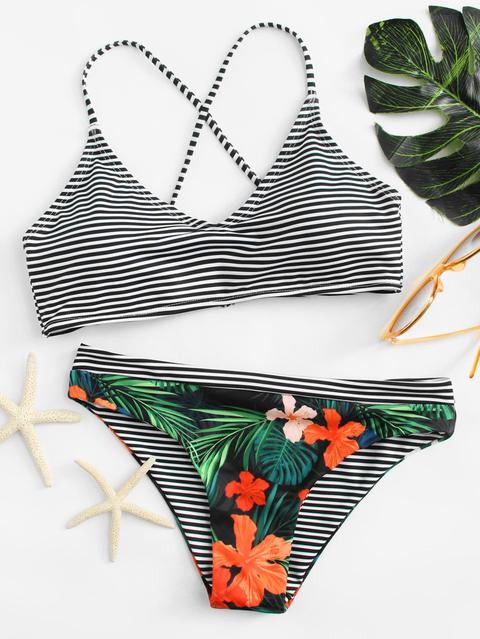 Bikini A Righe Con Stampa Floreale