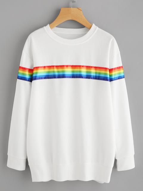 white sweatshirt with rainbow stripe