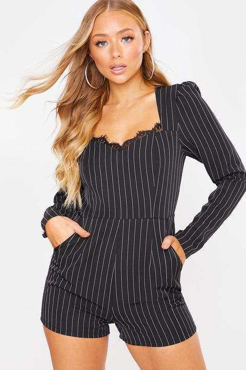 Black Details - Charlotte Crosby Black Pinstripe Corset Playsuit With Lace Trim Detail
