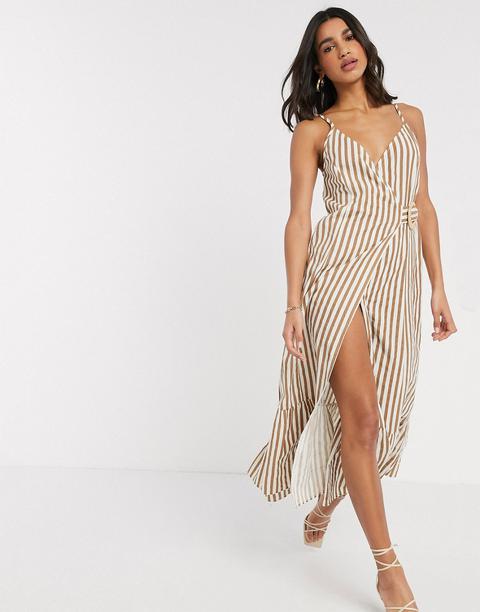 Asos Design Cami Wrap Maxi Dress In Linen With Wicker Belt In Stripe-multi