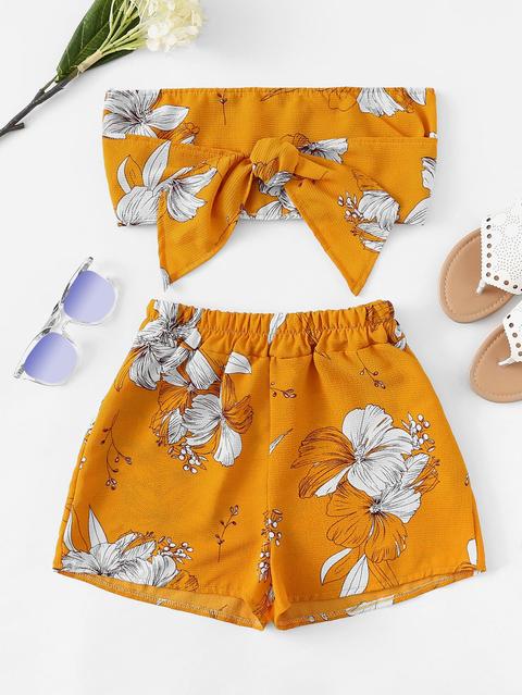 Knot Floral Tube Top With Shorts