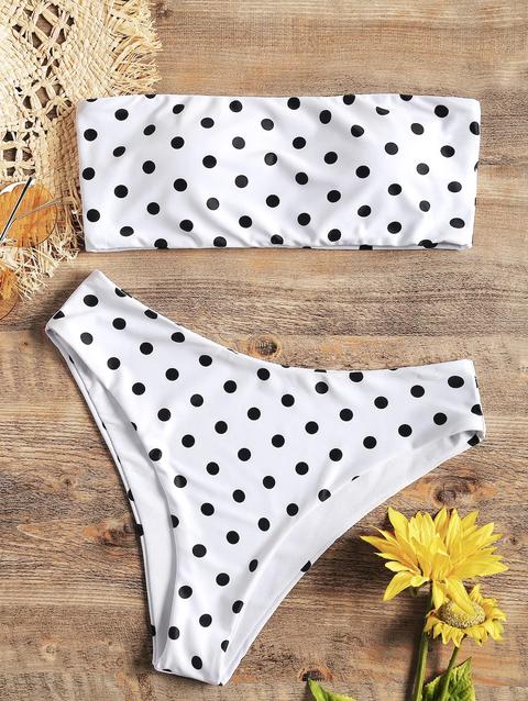 Costume Da Bagno Bikini A Fascia A Pois Con Taglio Alto White Black