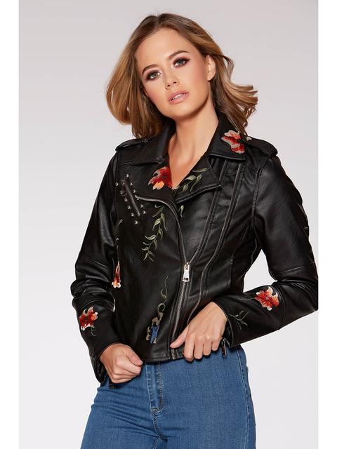 Black Floral Embroidered Pu Biker Jacket