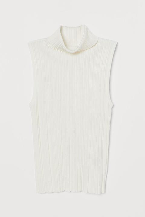 Ribbed Polo-neck Top - White