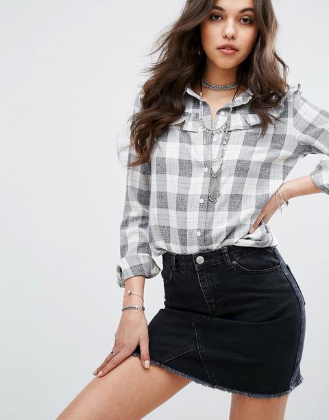 Missguided - Camicia A Quadri Con Volant - Grigio