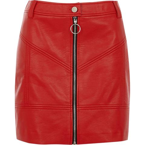 Red Faux Leather Zip Front Mini Skirt