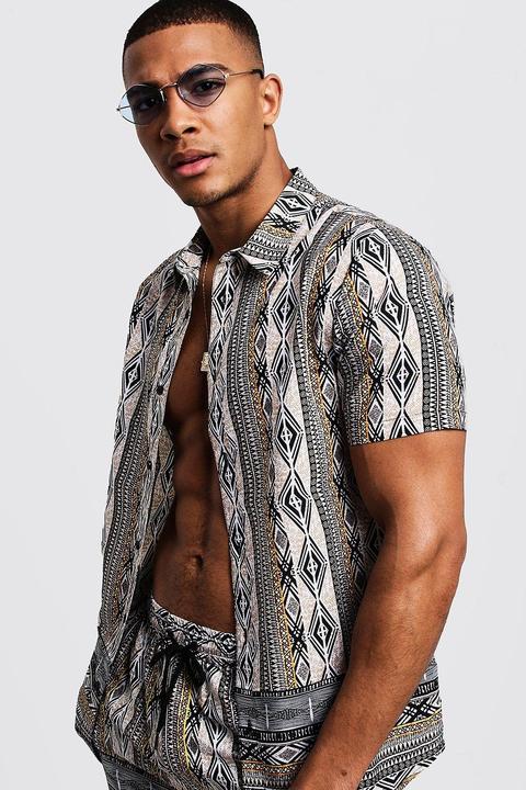 Mens Beige Aztec Border Print Short Sleeve Shirt, Beige