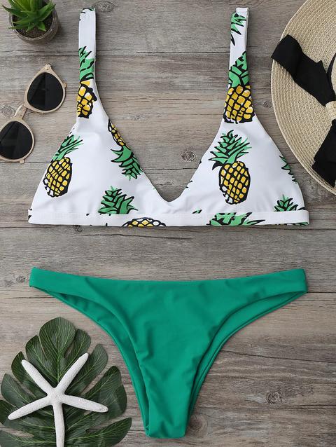 Set Di Bikini A Taglio Alto Con Stampa Di Ananas Pink Green Light Green Wine Red