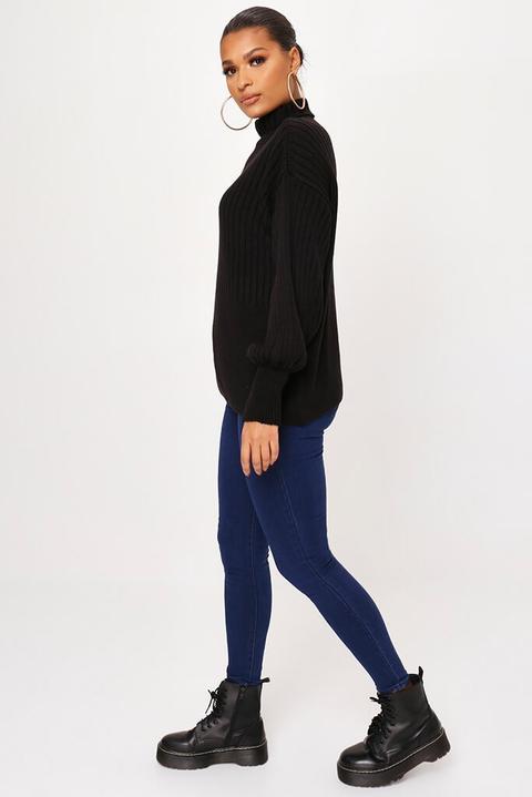 Black Balloon Sleeve Rib Knit Jumper