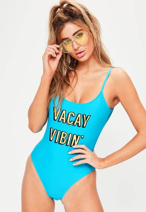 Blue Vacay Vibin' Slogan Swimsuit