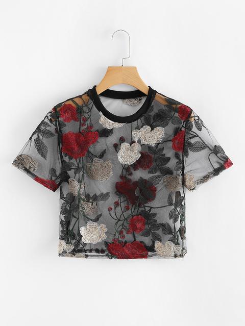Crop Top Mit Netzstoff Und Blumenstickereien
