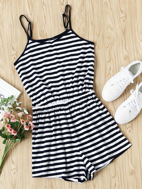 V Neckline Striped Cami Romper