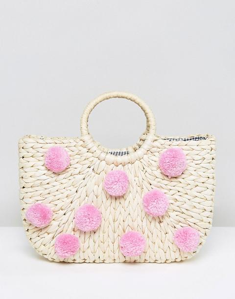 Skinnydip Straw Bag With All Over Pink Pom Poms