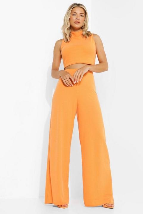 Pantalones Con Bajo Dividido Y Top Corto En Canalé Arrugado, Naranja