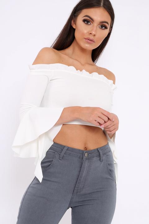 White Bardot Frill Crop Top With Flared Sleeves - Tiffy