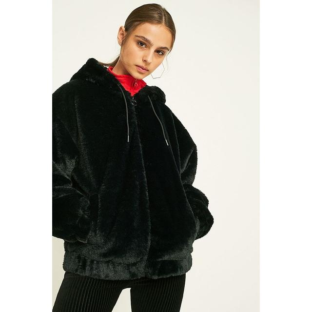 uo faux fur hooded bomber jacket