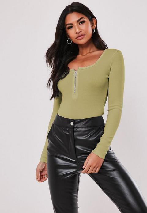 Petite Green Zip Front Long Sleeve Ribbed Bodysuit, Green