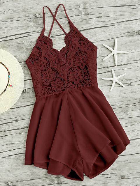 Lace Panel Criss Cross Backless Romper