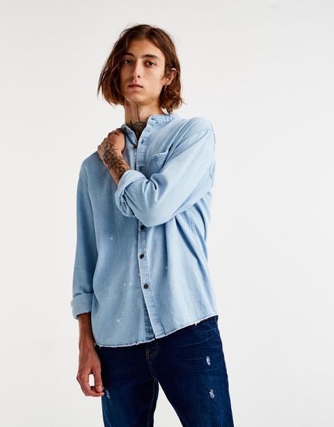 Camicia Denim Collo Alla Coreana Bleach