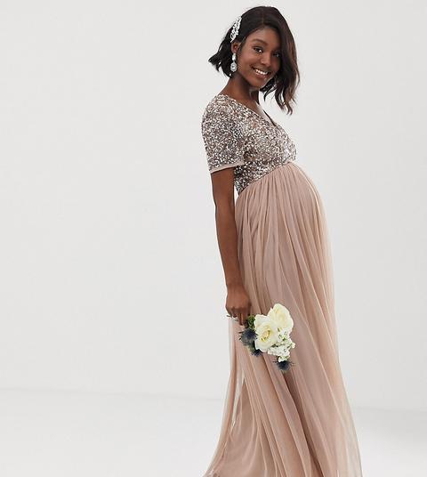 Vestido Largo De Tul De Dama De Honor Con Cuello De Pico Y Delicadas Lentejuelas A Tono En Rubor Topo De Maya Maternity-marrón