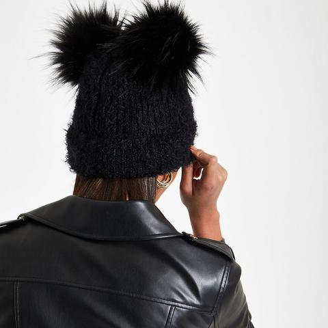 Black Double Pom Pom Beanie Hat from 
