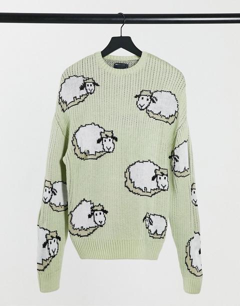Asos Design Oversized Textured Jumper With Sheep Design In Sage Green