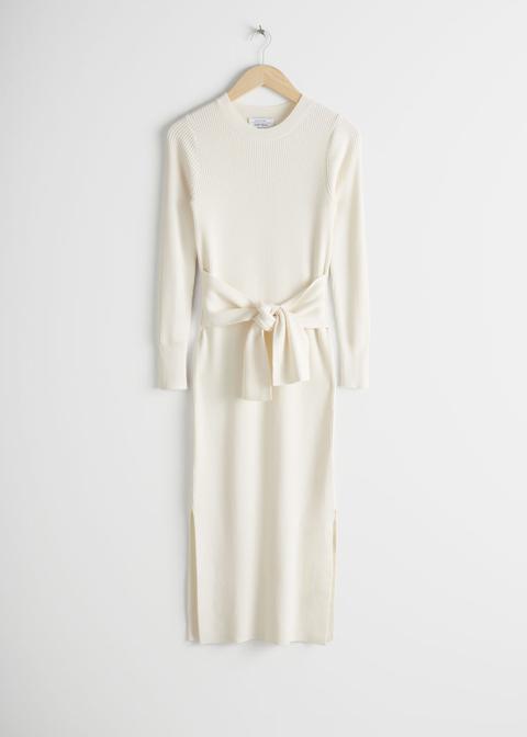 Belted Rib Midi Dress - White