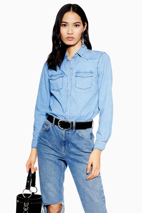 Womens Western Denim Shirt - Mid Stone, Mid Stone