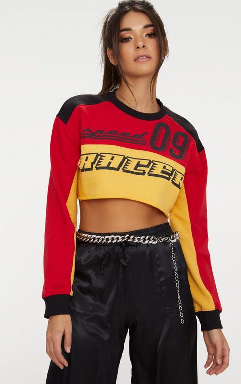 Red Racer Slogan Colourblock Extreme Cropped Sweater, Red