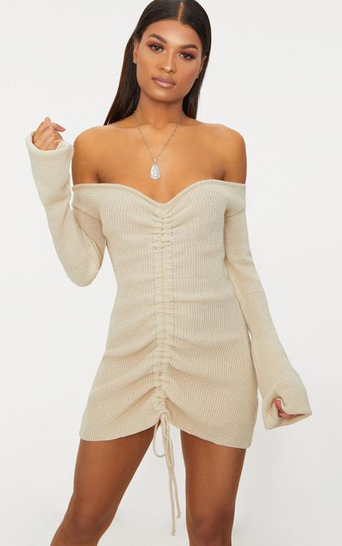 Stone Ruched Knit Dress White from PrettyLittleThing on 21 Buttons