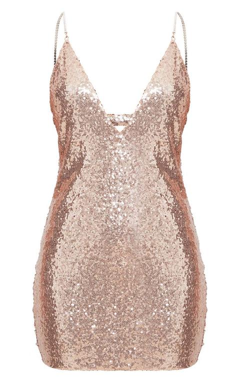 Rose gold chain strap sequin plunge bodycon on sale dress